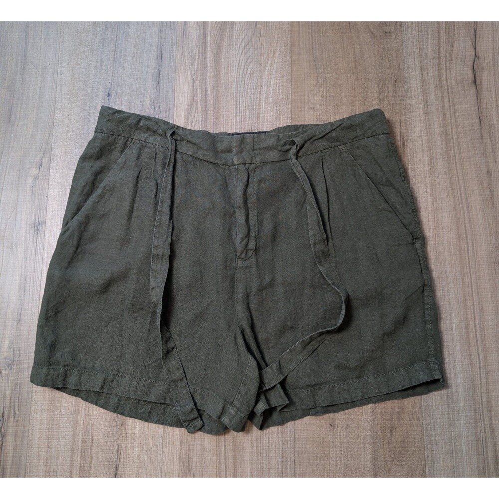 Tahari Size Size XL Olive Green Shorts 100% Linen Pockets Drawstring Pleats Boho